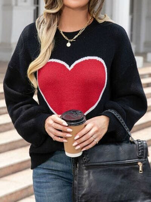 Heart Round Neck Long Sleeve Sweater - Sydney So Sweet