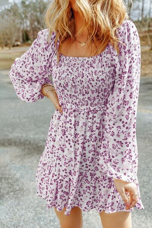 Smocked Floral Square Neck Balloon Sleeve Dress - Sydney So Sweet