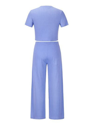 Round Neck Short Sleeve Top and Pocketed Pants Set - Sydney So Sweet