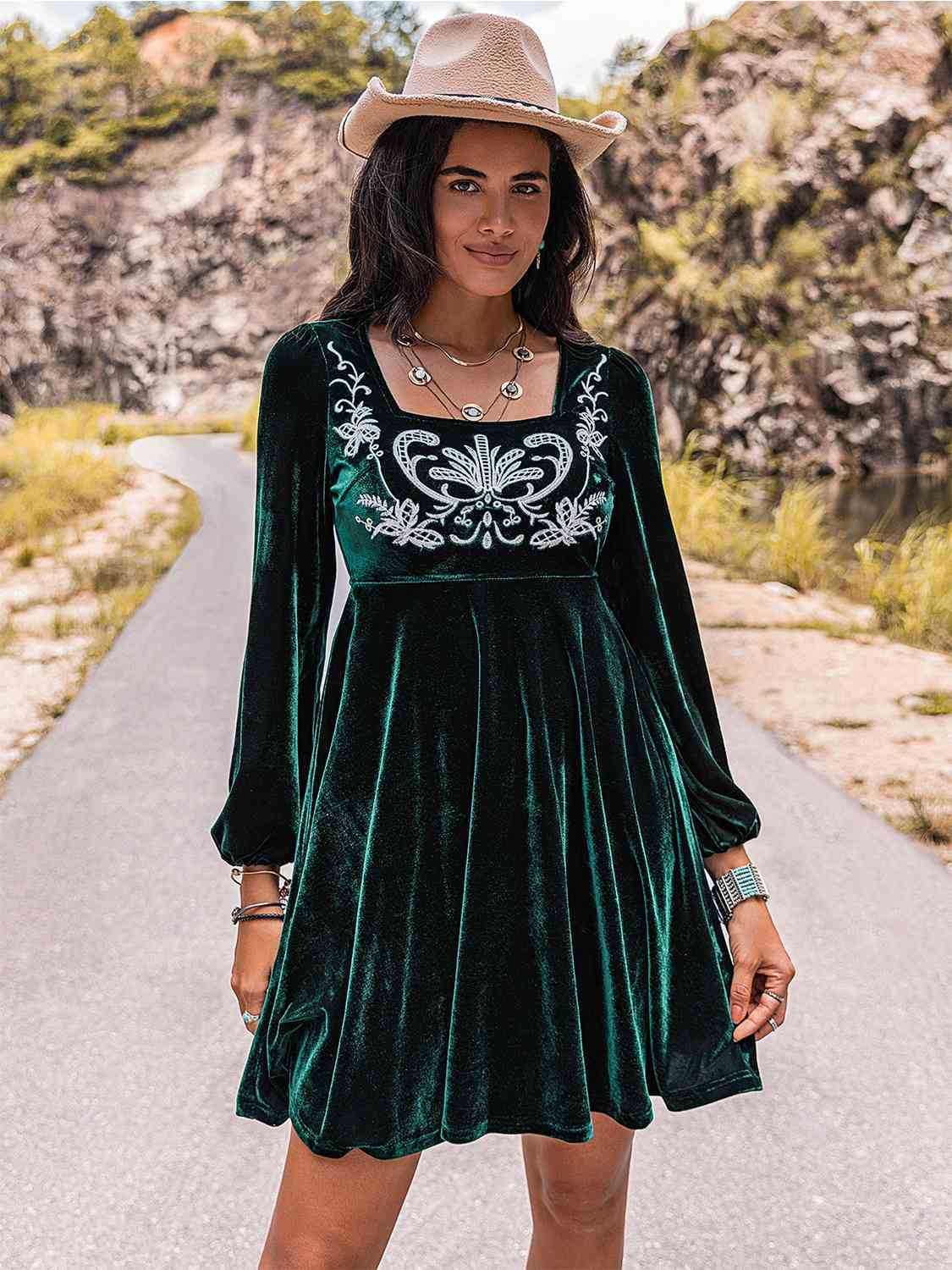 Embroidered Square Neck Long Sleeve Dress - Sydney So Sweet