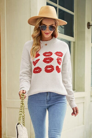 Contrast Lip Pattern Round Neck Slit Sweater - Sydney So Sweet