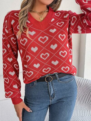 Heart Pattern V-Neck Long Sleeve Sweater - Sydney So Sweet