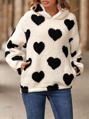 Fuzzy Heart Pocketed Dropped Shoulder Hoodie - Sydney So Sweet
