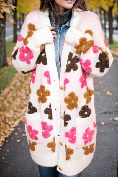 Flower Pattern Button Up Cardigan with Pockets - Sydney So Sweet