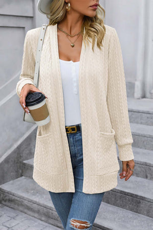 Cable-Knit Long Sleeve Cardigan with Pocket - Sydney So Sweet