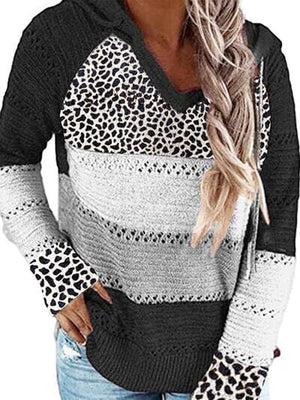 Full Size Openwork Leopard Drawstring Hooded Sweater - Sydney So Sweet