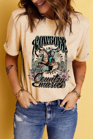 Short Sleeve Round Neck Cowboy Graphic Tee - Sydney So Sweet
