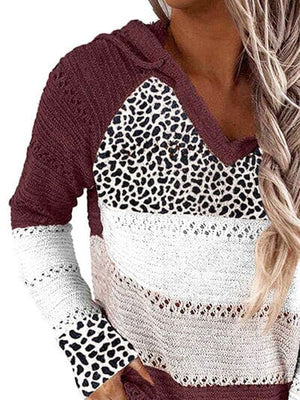 Full Size Openwork Leopard Drawstring Hooded Sweater - Sydney So Sweet