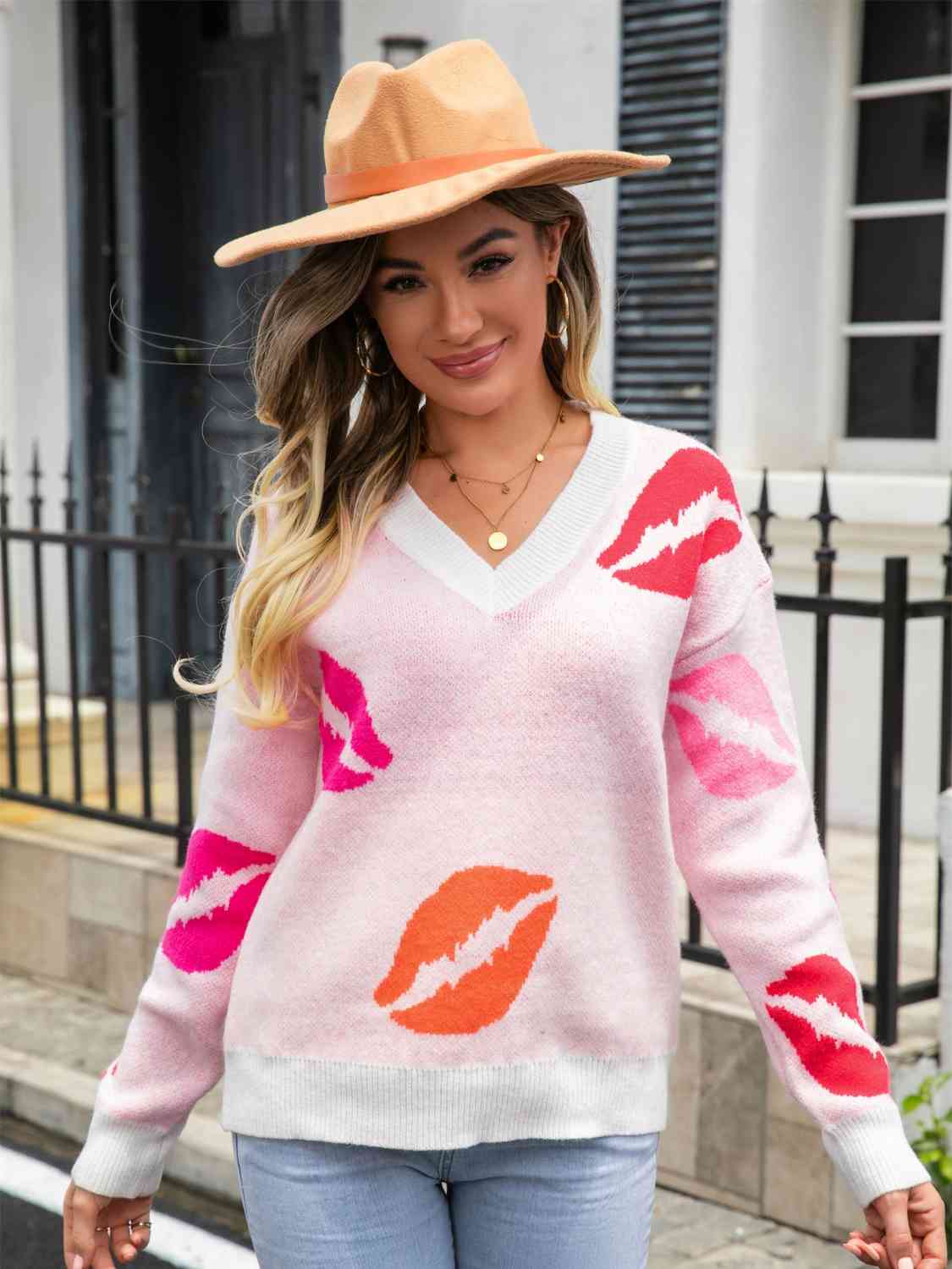 Lip V-Neck Drop Shoulder Sweater - Sydney So Sweet