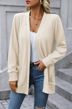 Cable-Knit Long Sleeve Cardigan with Pocket - Sydney So Sweet