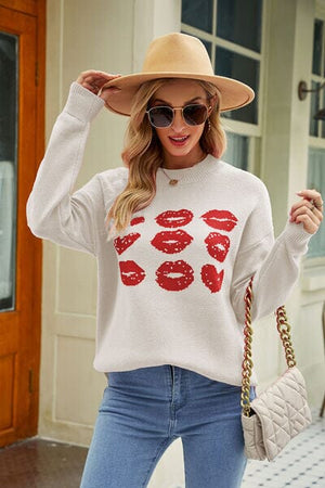 Contrast Lip Pattern Round Neck Slit Sweater - Sydney So Sweet