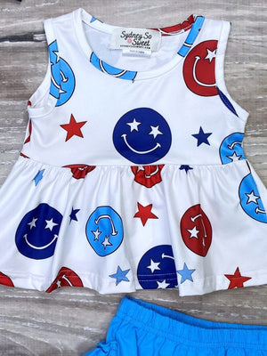 American Babe Smiley Face Blue 4th Of July Patriotic Baby Girls Bloomer Set - Sydney So Sweet