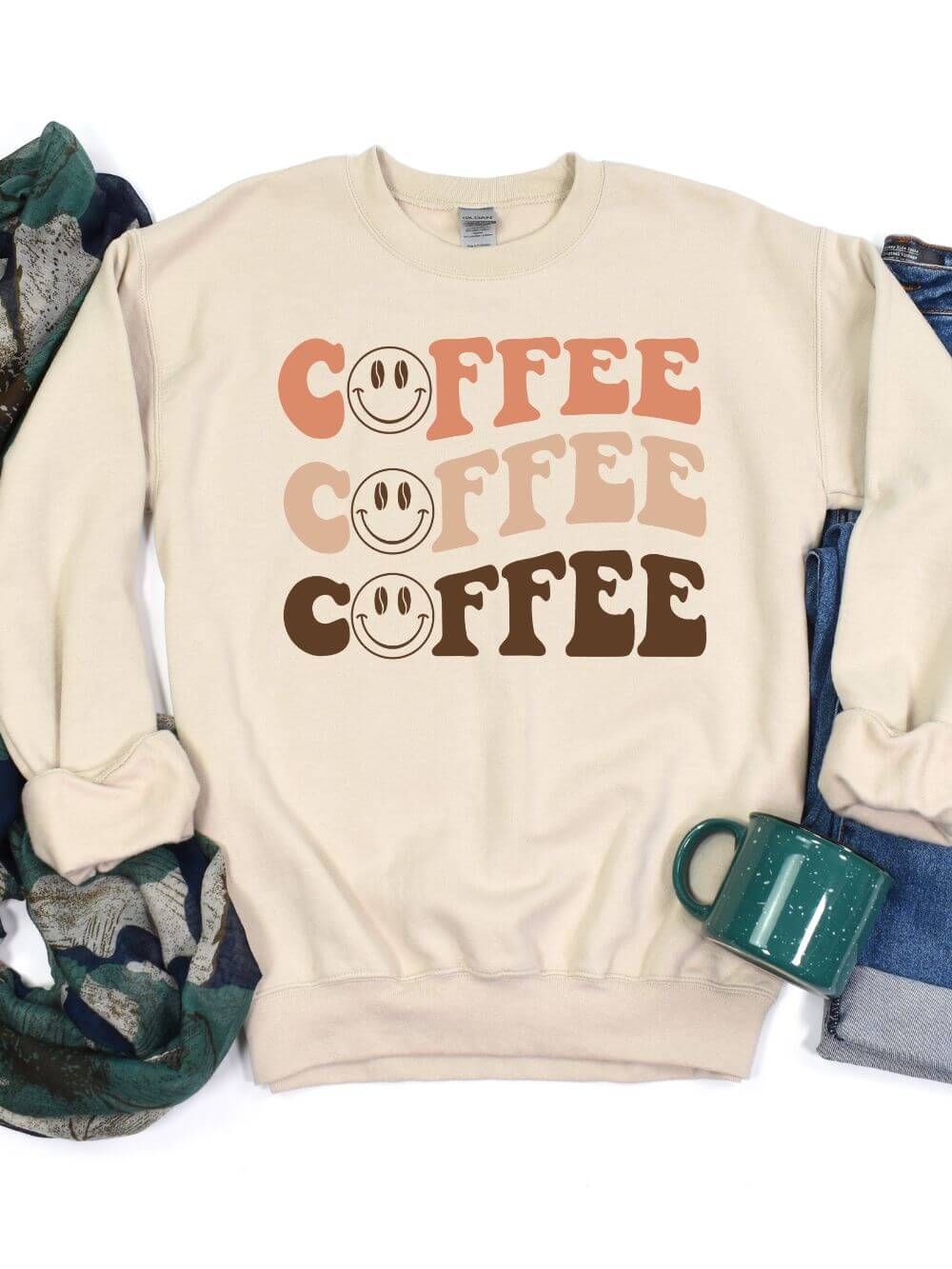 Coffee Coffee Coffee Smile Face Crewneck Sweatshirt for Coffee Lovers - Sydney So Sweet