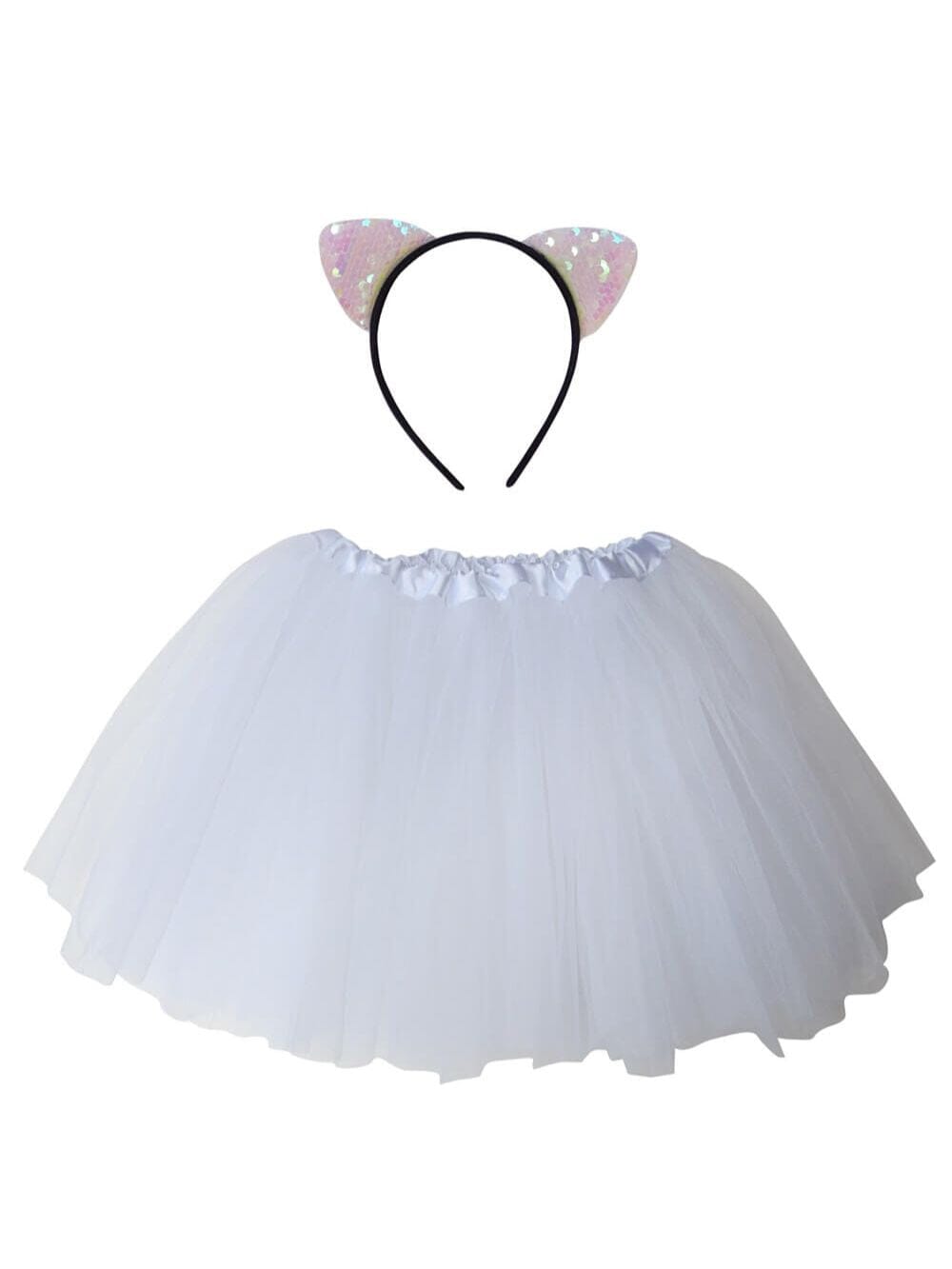 Girls White Cat Costume - Complete Kids Costume Set with Tutu & Flip Sequin Cat Ears Headband - Sydney So Sweet