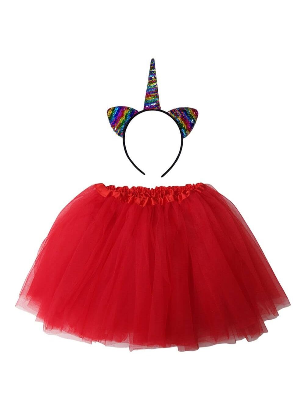 Girls Rainbow Red Unicorn Costume - Complete Kids Costume Set with Tutu & Flip Sequin Unicorn Headband Horn - Sydney So Sweet