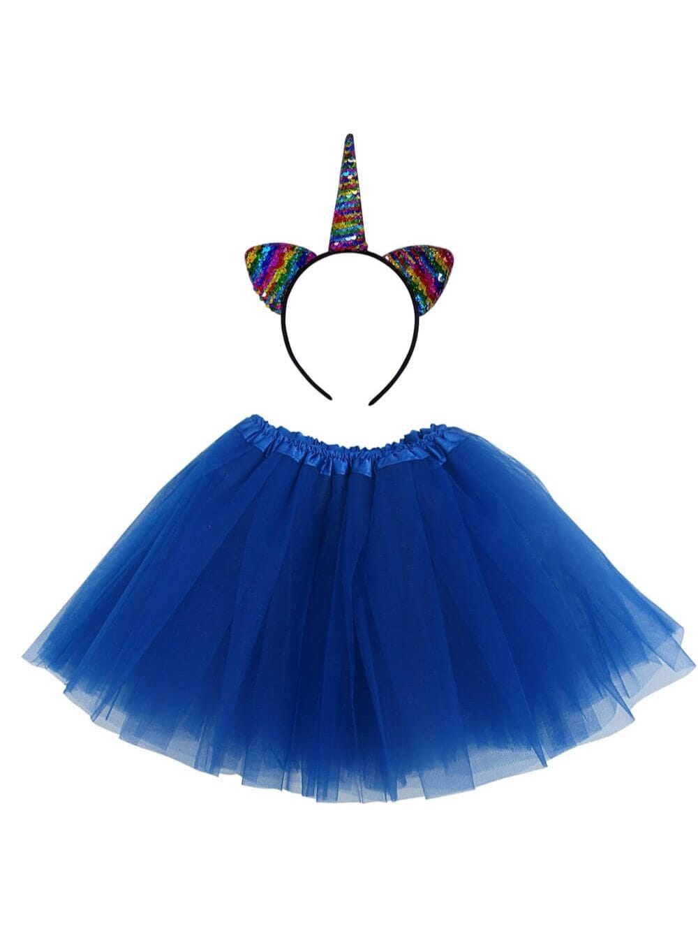 Girls Rainbow Royal Blue Unicorn Costume - Complete Kids Costume Set with Tutu & Flip Sequin Unicorn Headband Horn - Sydney So Sweet