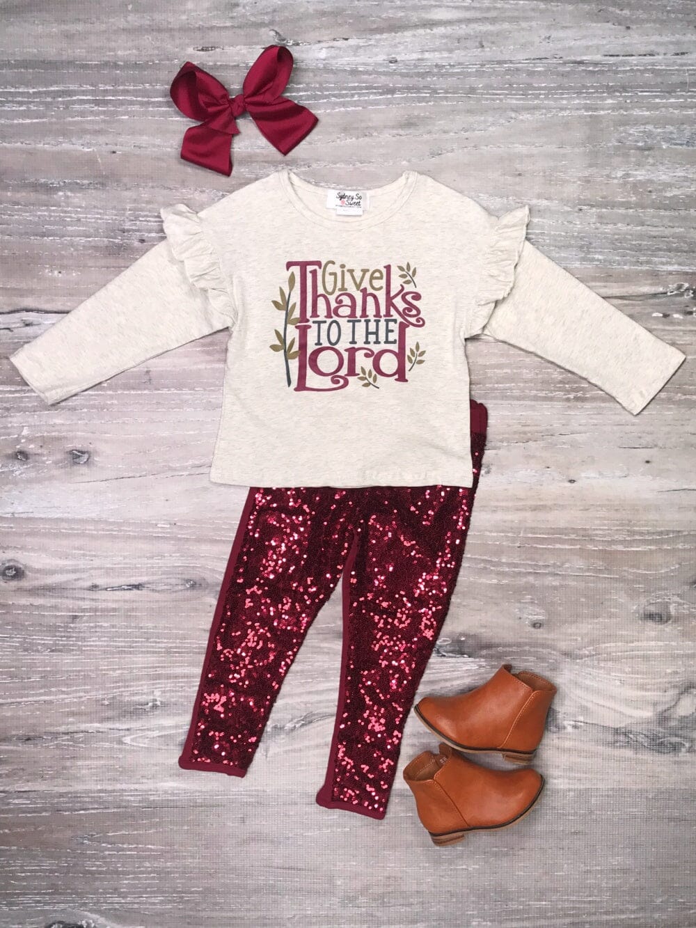 Give Thanks To The Lord Burgundy Sequin Ruffle Girls Outfit - Sydney So Sweet