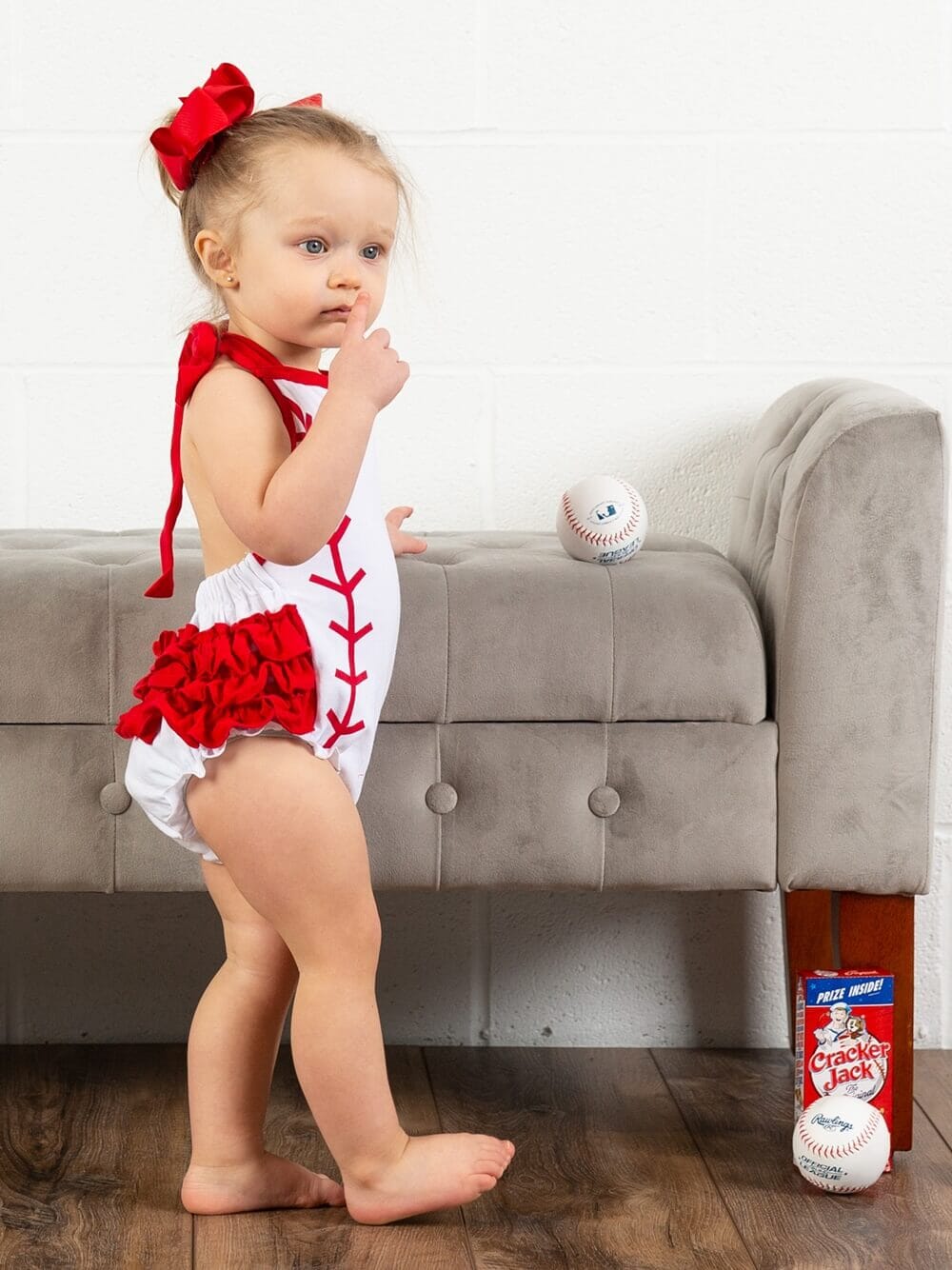 Baseball Stitch Red Halter Bubble Baby Romper - Sydney So Sweet