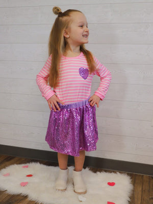 Follow Your Heart Pink Stripe Purple Sequin Girls Skirt Outfit - Sydney So Sweet