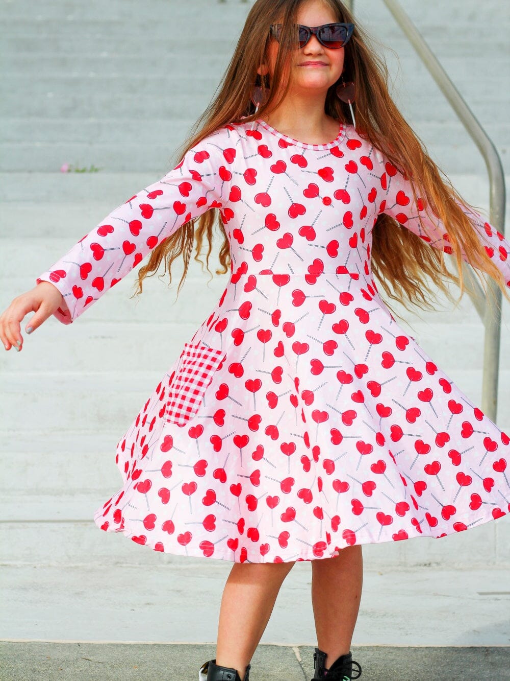 Heart Sucker For You Gingham Pocket Pink Girls Skater Dress - Sydney So Sweet
