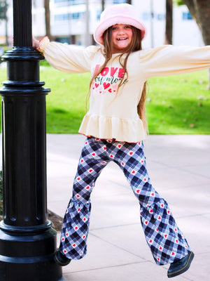Love You More Plaid Heart Bell Bottom Girls Outfit - Sydney So Sweet