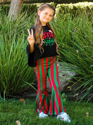 Santa Squad Stripe Green & Red Bell Bottom Girls Christmas Outfit - Sydney So Sweet