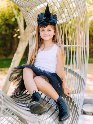 Girls Pixie Black Witch Costume - Complete Kids Costume Set with Pixie Cut Tutu and Hat Headband - Sydney So Sweet