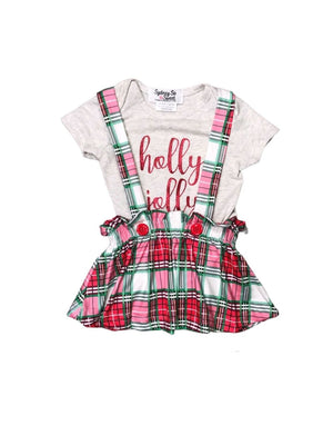 Holly Jolly Christmas Tartan Plaid Baby Girls Suspender Skirt Outfit - Sydney So Sweet