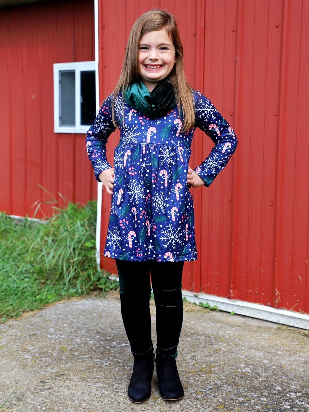 Peppermint Kisses Blue & Green Velvet Candy Cane Girls Scarf Outfit - Sydney So Sweet