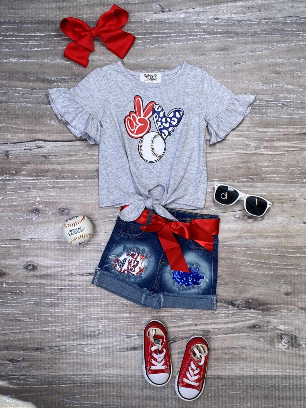 Love Of The Game Baseball Red & Blue Denim Girls Shorts Outfit - Sydney So Sweet