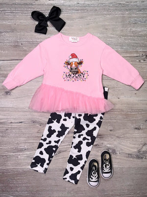 Moo-ey Christmas Pink Cow Tulle Girls Christmas Outfit - Sydney So Sweet