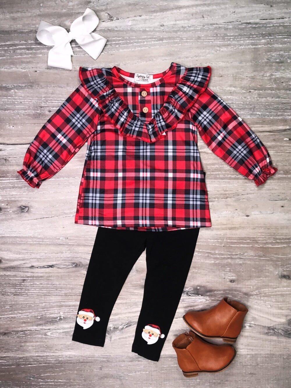 Perfectly Plaid Santa Ruffle Button Girls Christmas Leggings Outfit - Sydney So Sweet