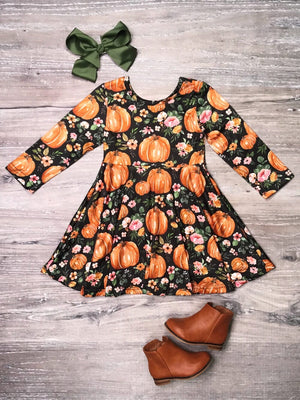 Pumpkin Vines Floral Long Sleeve Girls Fall Skater Dress - Sydney So Sweet
