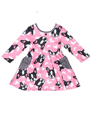 French Kiss Bulldog Pink Heart Pocket Girls Skater Dress - Sydney So Sweet