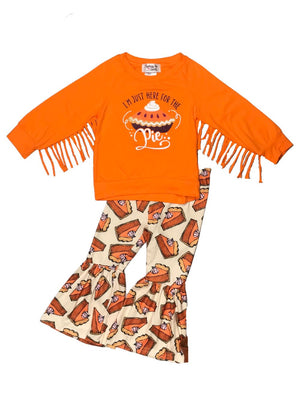 Just Here For The Pie Pumpkin Orange Fringe Girls Fall Bell Bottom Outfit - Sydney So Sweet