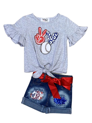 Love Of The Game Baseball Red & Blue Denim Girls Shorts Outfit - Sydney So Sweet