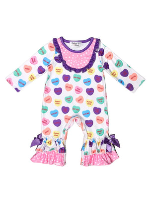 Candy Heart Ruffle Pink Girls Valentine's Day Baby Romper - Sydney So Sweet