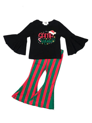 Santa Squad Stripe Green & Red Bell Bottom Girls Christmas Outfit - Sydney So Sweet