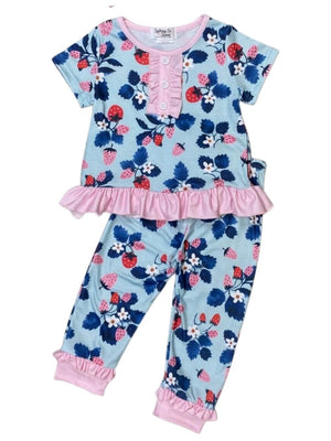 Sassy Strawberry Blue & Pink Ruffle Girls Pajamas - Sydney So Sweet