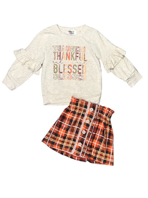 Thankful & Blessed Fall Tartan Plaid Ruffle Girls Skirt Outfit - Sydney So Sweet