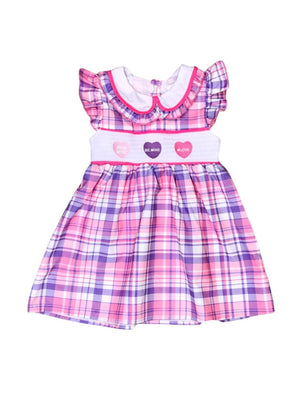 Wink Wink Candy Hearts Purple & Pink Plaid Collar Girls Dress - Sydney So Sweet