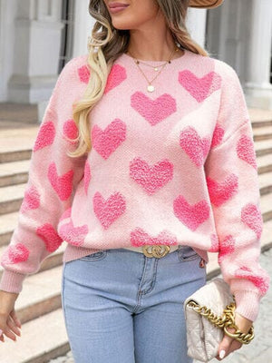 Heart Round Neck Dropped Shoulder Sweater - Sydney So Sweet
