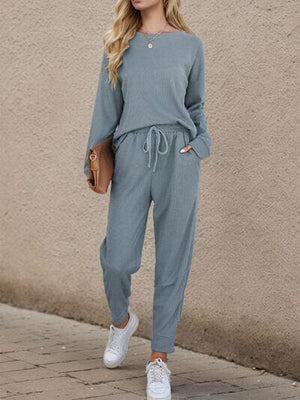 Round Neck Top and Drawstring Pants Set - Sydney So Sweet