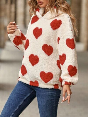 Fuzzy Heart Pocketed Dropped Shoulder Hoodie - Sydney So Sweet