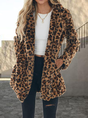 Leopard Collared Neck Coat with Pockets - Sydney So Sweet