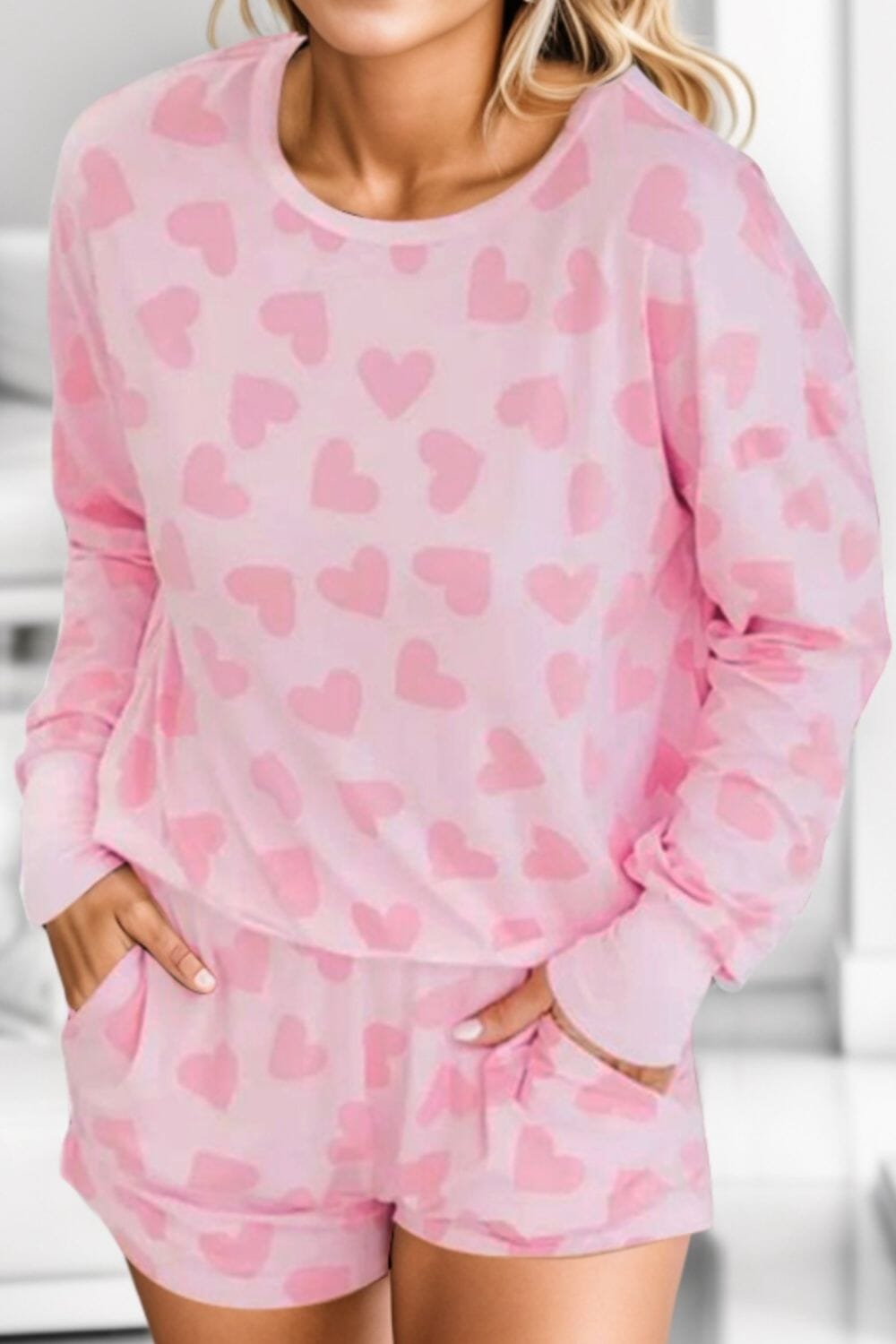 Heart Print Round Neck Top and Shorts Lounge Set - Sydney So Sweet
