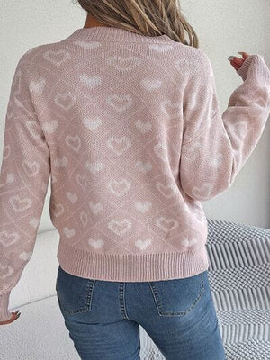 Heart Pattern V-Neck Long Sleeve Sweater - Sydney So Sweet