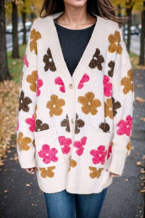 Flower Pattern Button Up Cardigan with Pockets - Sydney So Sweet