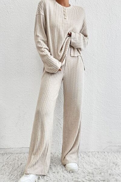 Ribbed Half Button Knit Top and Pants Set - Sydney So Sweet