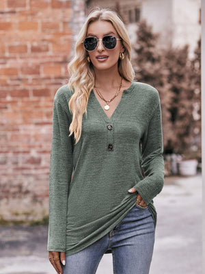 Buttoned Notched Neck Long Sleeve Top - Sydney So Sweet